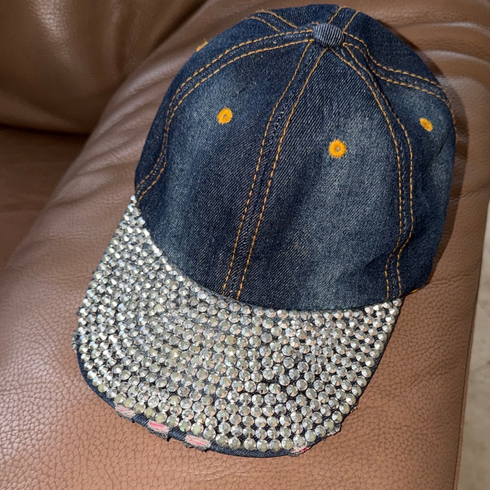 Vtg Rhinestone Embellished Trendy distressed chic Denim Cap